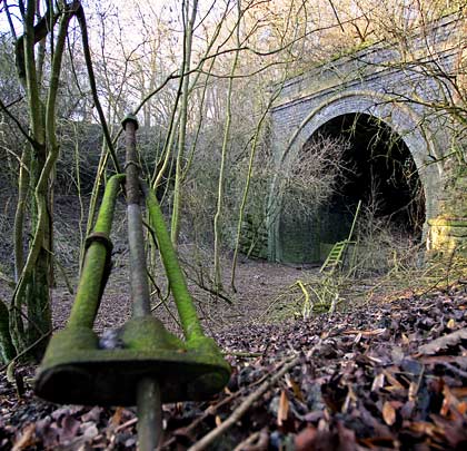 The anchoring point for a stay wire evades attention in the undergrowth alongside the south portal.