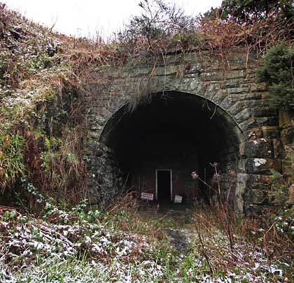The south portal is a modest stone affair with triangular wing walls extending parallel to the trackbed.