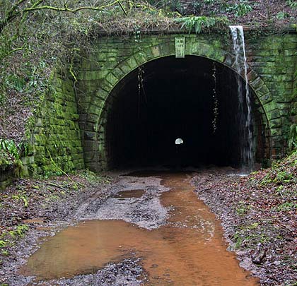 The southern portal of Severn Bridge Tunnel, covered in moss and equipped with its own water feature.