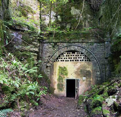 Found at the end of a short rock cutting, the eastern portal is small and stone built, with a brick string course around the voussoirs.