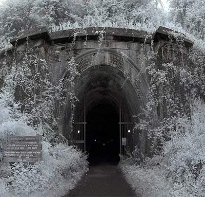 The north portal of Oxendon Tunnel's Up bore which is used by the Brampton Valley Way.