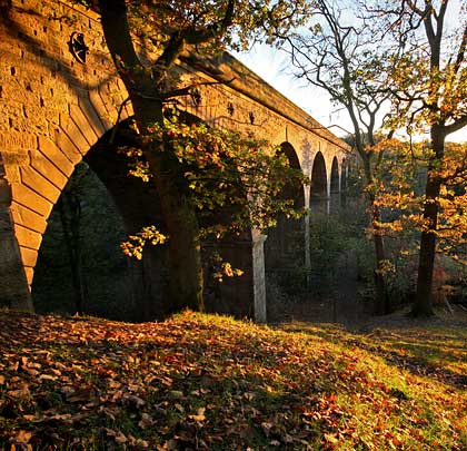 Bathed in autumn sunlight, the west face of the ten-arched and deceptively substantial Crimple Low Viaduct.