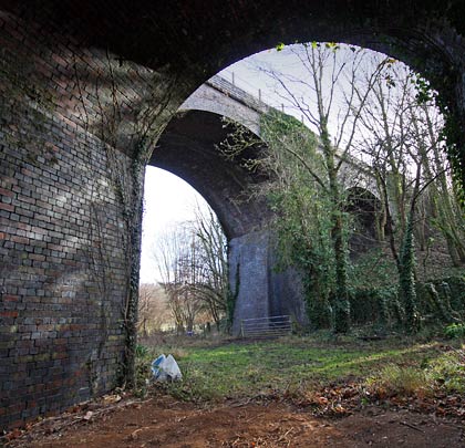 The larger Somerset & Dorset structure, viewed from beneath one of the Great Western viaduct's arches.