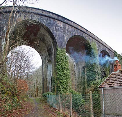 Ivy envelopes its piers while trees hide the viaduct's five spans.