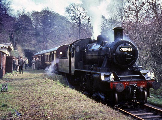 With the tunnel in the background, 78046 stands at Colinton Station with an excursion train on 4th April 1965.