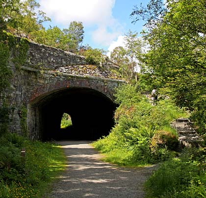 The tunnel's east portal, with foot access to it from the road above.