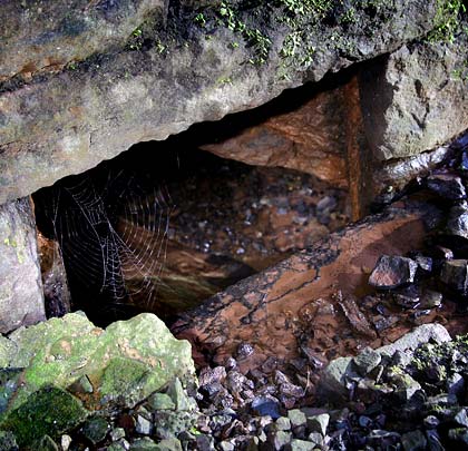 At the west portal, a stream has been routed to pass beneath the tunnel, with access available via a small opening.