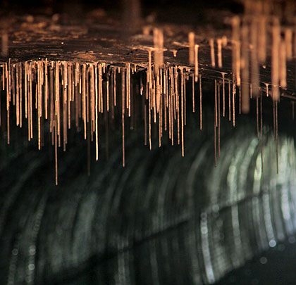 Short stalactites can be seen in large groups throughout the tunnel, mostly running along the crown.
