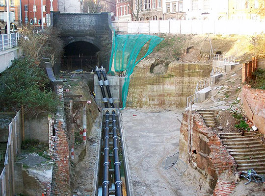 Rerouted pipes enter a deepened section of cutting in 2007, prior to the construction of the Centre for Contemporary Art Nottingham.