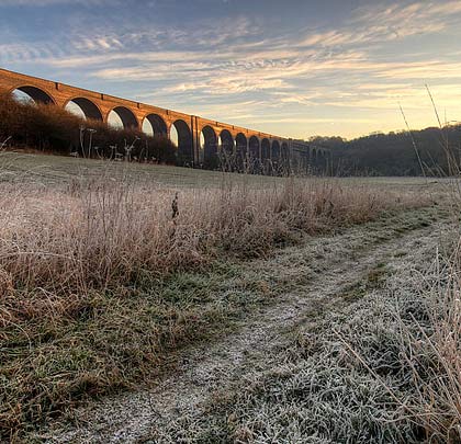 A wider view of the structure wrapped in winter frost.