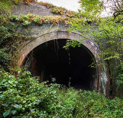 Hidden in the undergrowth, the southern portal is rather less imposing than it northern counterpart and is approached through a cutting that is both shorter and shallower.