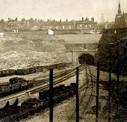 The extent of the excavation demanded by Nottingham's Victoria Station becomes clear in this view captured in the late 1890s.
