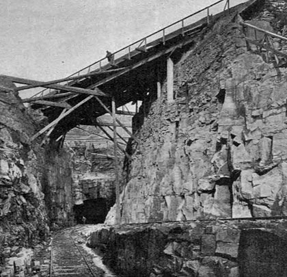 A unique scene captured at the south end of the tunnel during excavation and construction work in the late 1870s.