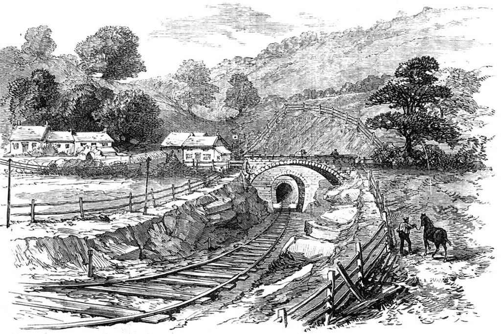 A newspaper illustration from the time of the railway's opening, capturing the open cutting between the two tunnels which was subsequently arched over and infilled.