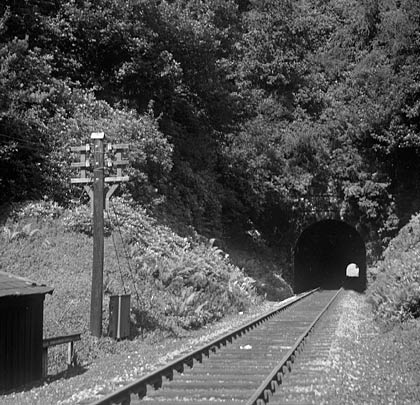 Captured around 1950, the single line passes a platelayers' cabin and telegraph pole before disappearing into the darkness.