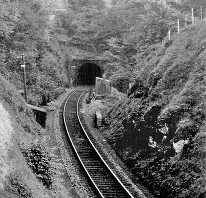 The line curves south, past a pair of p-way cabins, to enter the inconspicuous northern entrance.