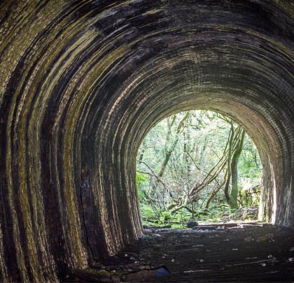 The tunnel curves slightly to the south before emerging into a jungle beyond its western entrance.