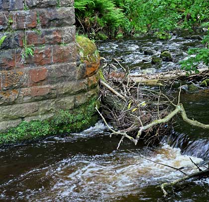 Debris accumulates around the mid-river pier's cutwater.