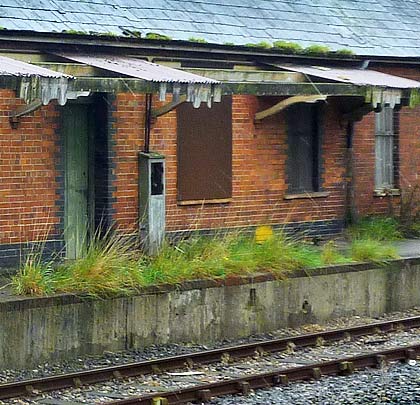 Vegetation sprouts from the platform copings; the canopy rots away.