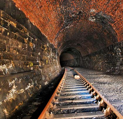 The track leads the eye around the tunnel's first curve.