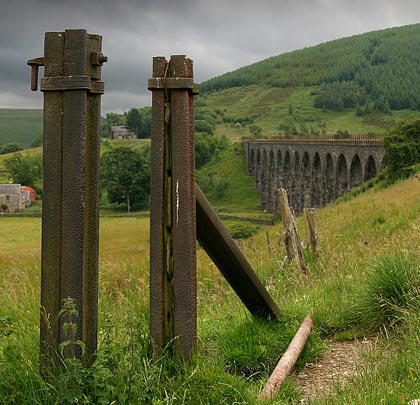 North of the viaduct, lengths of bullhead rail form fence and gate posts.