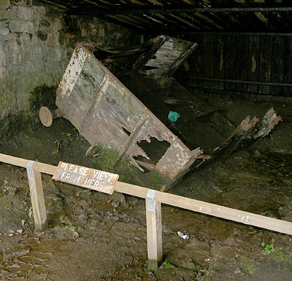The rotting remains of a wagon, arrested by the catchpit towards the bottom of Sheep Pasture incline.