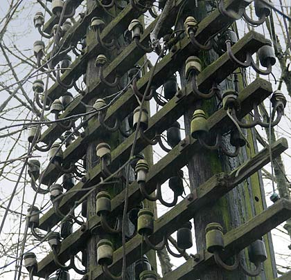 This unusual double telegraph pole hides alongside the Monsal Trail which takes in the trackbed of the old Derby-Manchester main line.