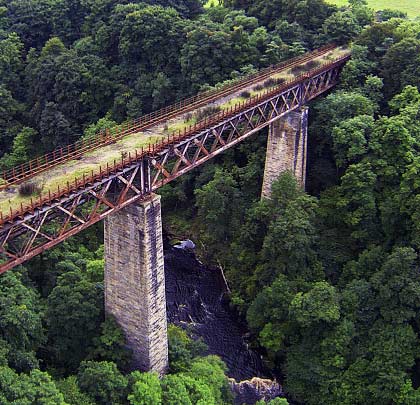 An aerial shot of the main 175-foot river span.