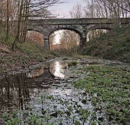 At Newmillerdam near Wakefield, a three-arched bridge spans the old trackbed. The centre one is reinforced with bullhead rail.