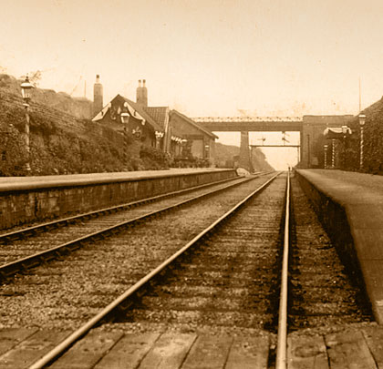 Looking east between Watnall Station's platforms towards the bridge which carried the private railway of the Barber-Walker Company.