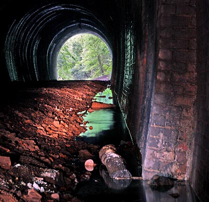 To keep walkers' feet dry, the tunnel floor has been raised with infill, resulting in a drain being created at the foot of the southern wall.