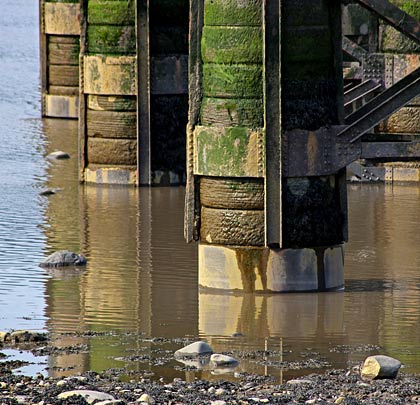 The columns' feet wade out into the river from the south bank.