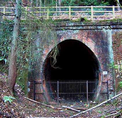 The east portal is similar to its sibling but looks less cared for, having been consumed by more vegetation.