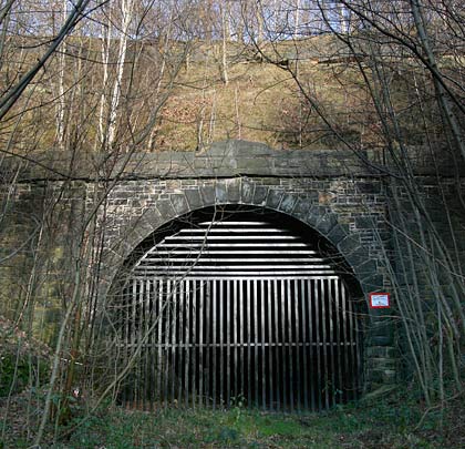The well-sealed west portal of the longer No.1 tunnel.