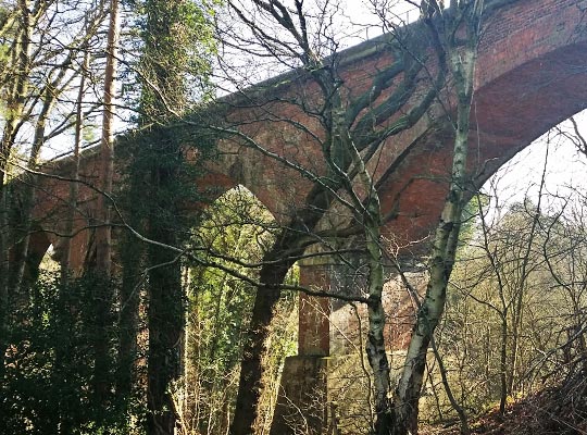 Fogoes Burn Viaduct again has segmental arches, but here red brick has been used.