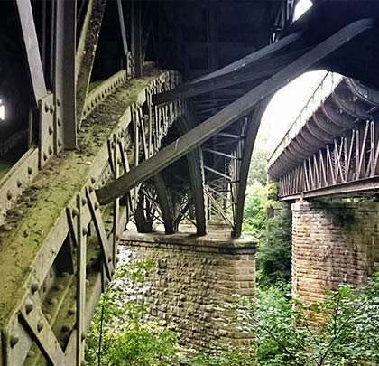 An unusual close-up view showing the South viaduct's skewed ribs and associated bracing. Note the hexagonal plan of the piers.
