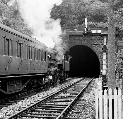 Standard 4MT 4-6-0 75035 approaches the tunnel's south end tender first, with a Uttoxeter to Leek service on 12th August 1964.