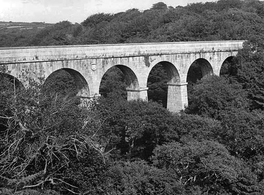 Captured in the 1950s, the arches and deck soar above the treetops.
