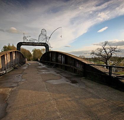 The bridge now accommodates a footpath and the a sculpture sits on the former support for the control cabin.