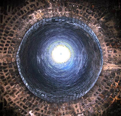 9-feet in diameter, the shaft is lined in brick.