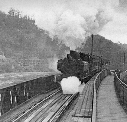 Pannier tank 3726 crosses the viaduct on 3rd January 1959, the last day of passenger services.