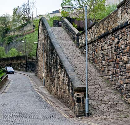 At North Bridge Station, this wonderful cobbled ramp provides access to a bridge over the line.